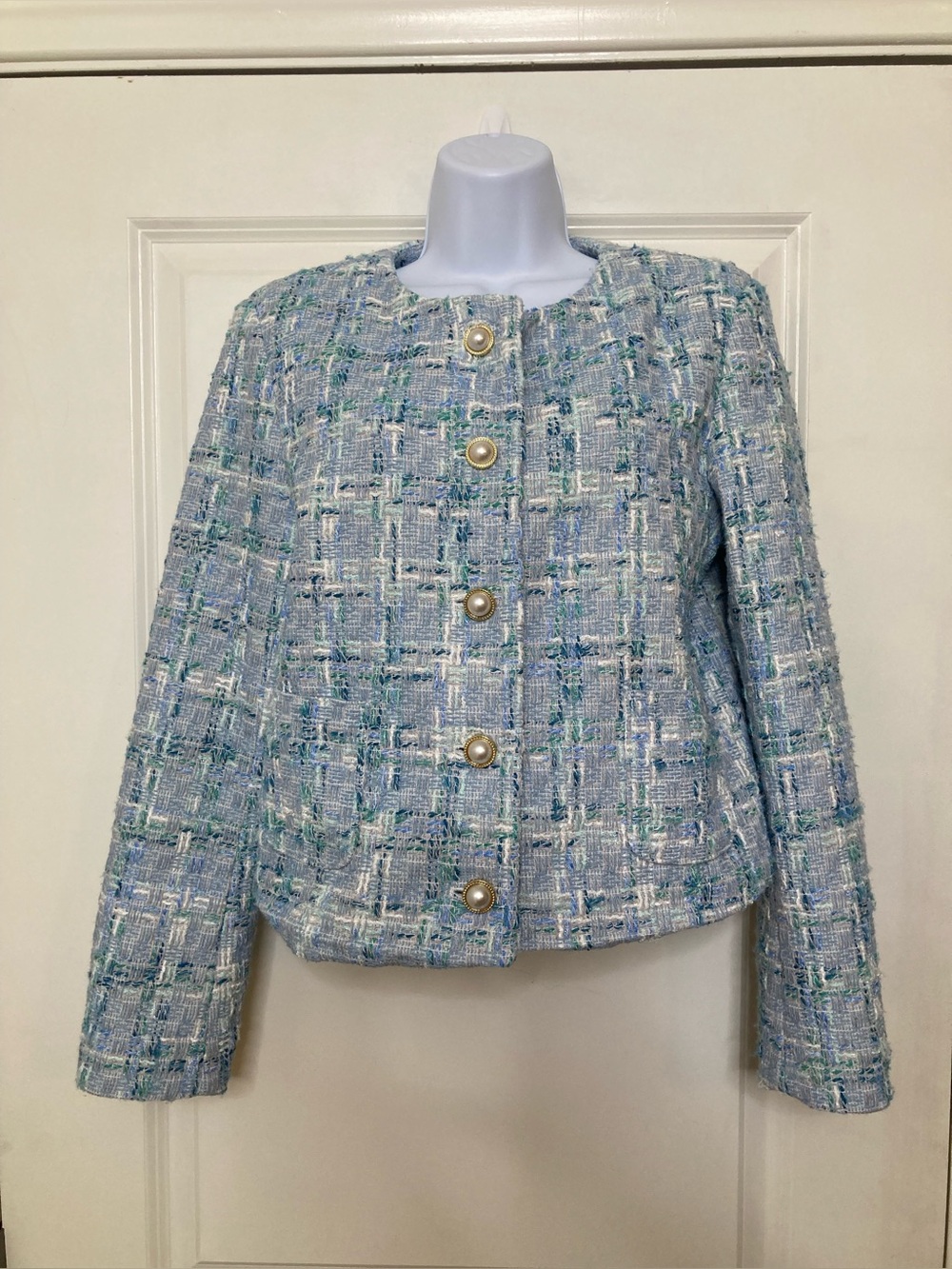 Vintage Nanette Lepore Blue Boucle Tweed Blazer Jacket Pearl Buttons Old Money M